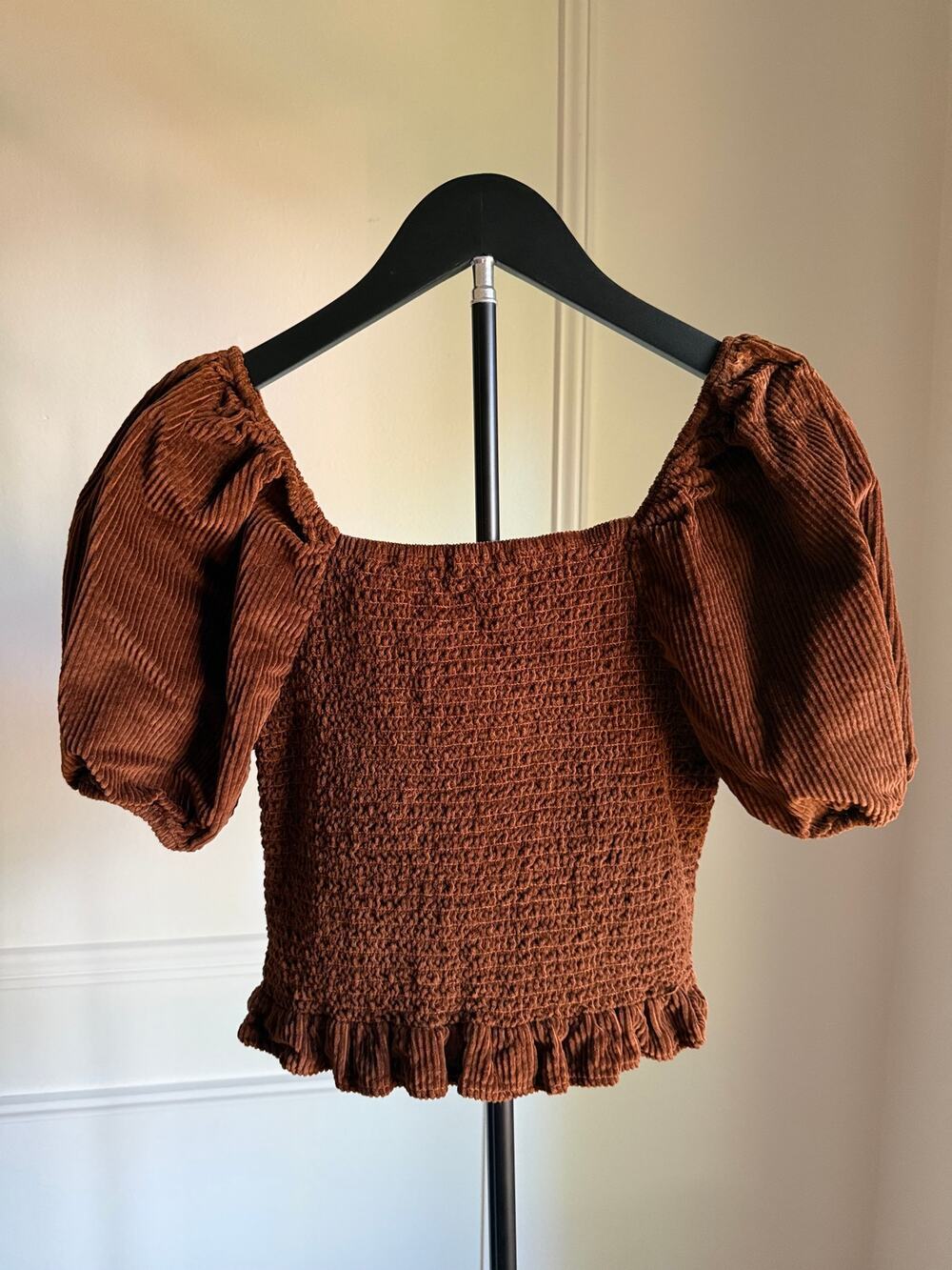 American Eagle Smocked Corduroy Puff Sleeve Crop Top Brown Size M